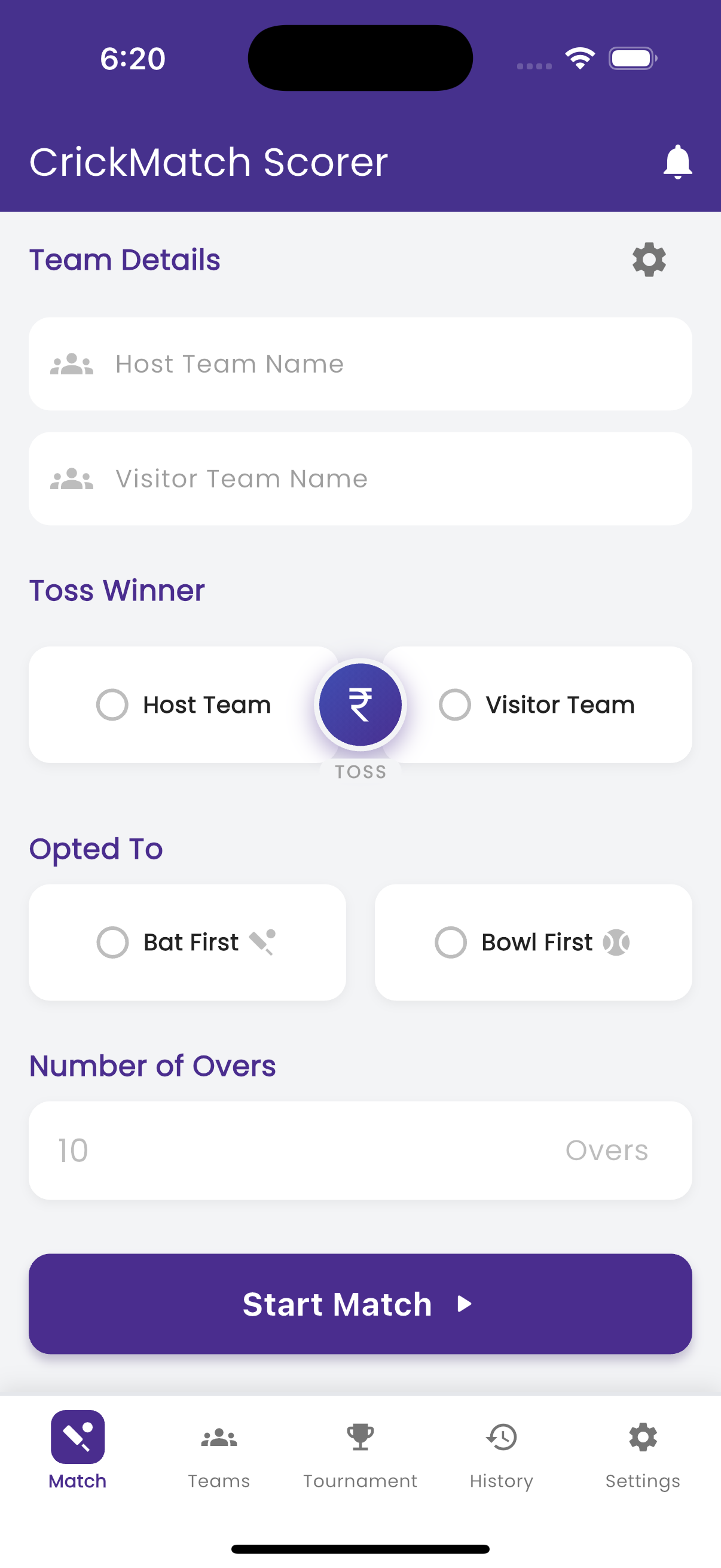 CrickMatch App Home Screen